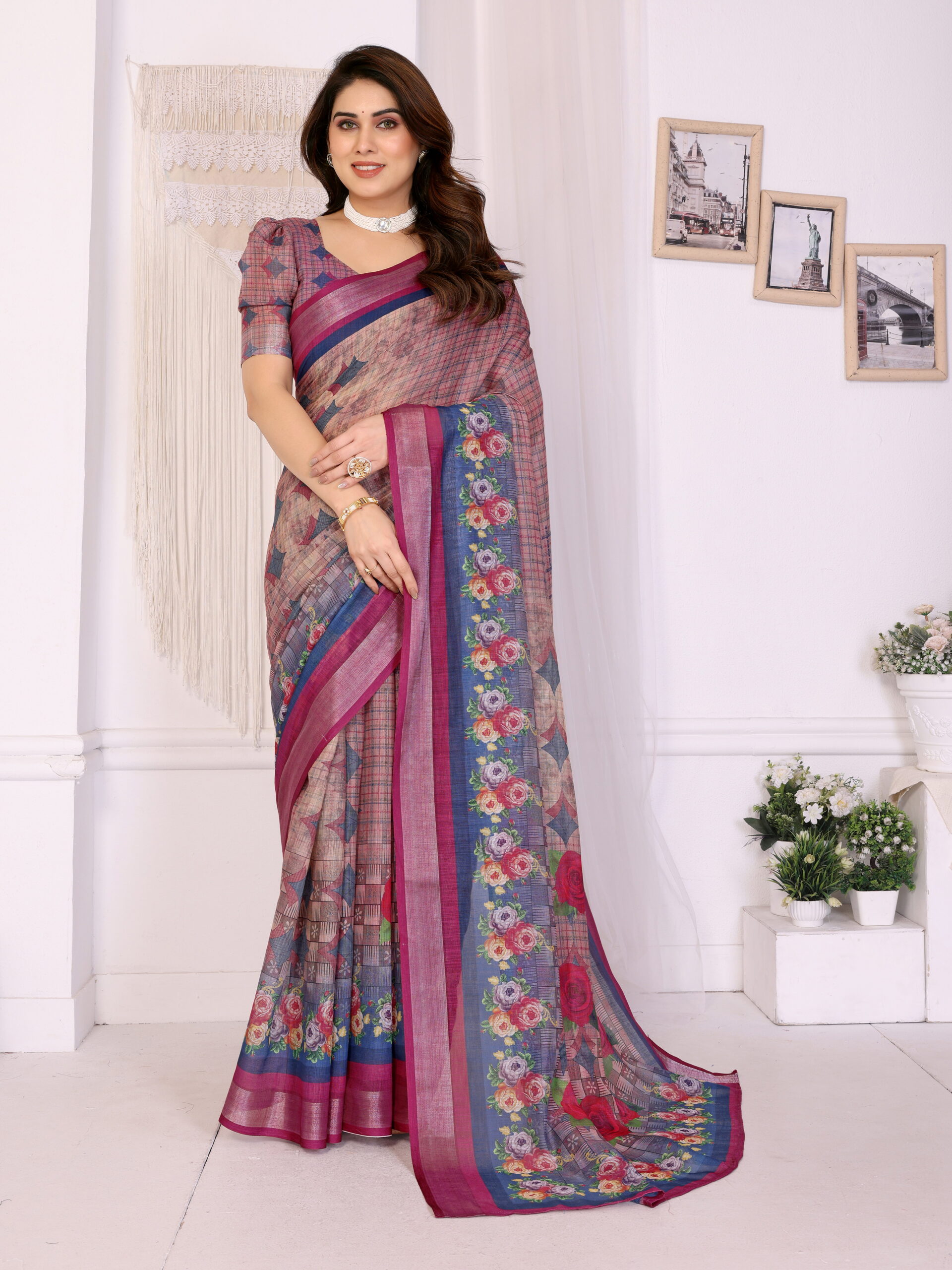 Classic Handloom Linen Cotton Saree with Digital Print & Rich Zari Detailing