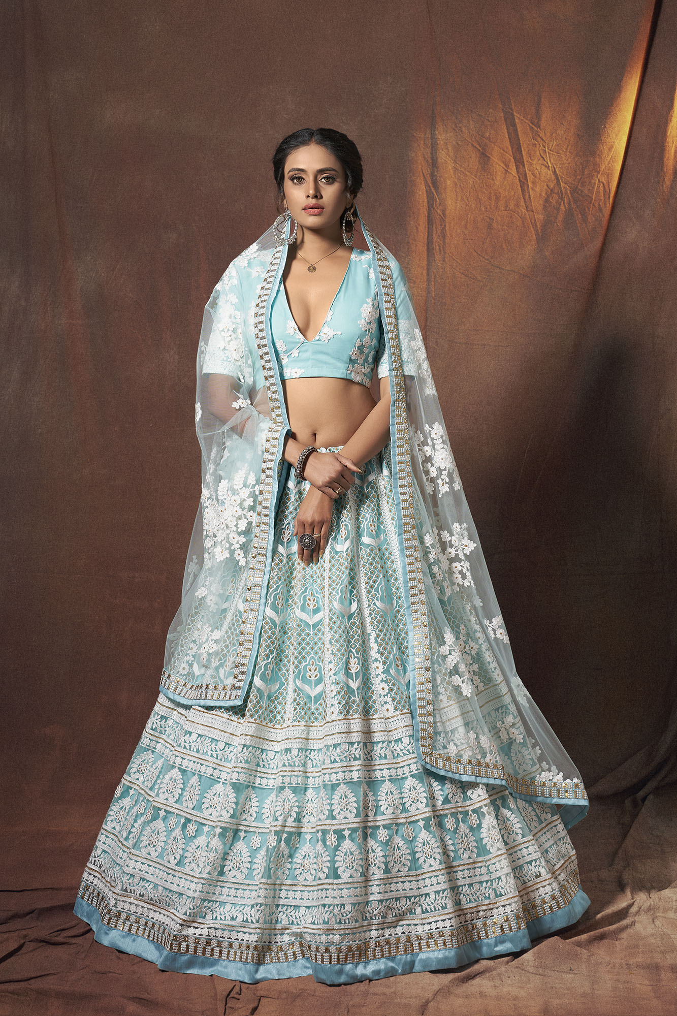 Baby Blue and White Floral Embroidered Lehenga Choli for Women