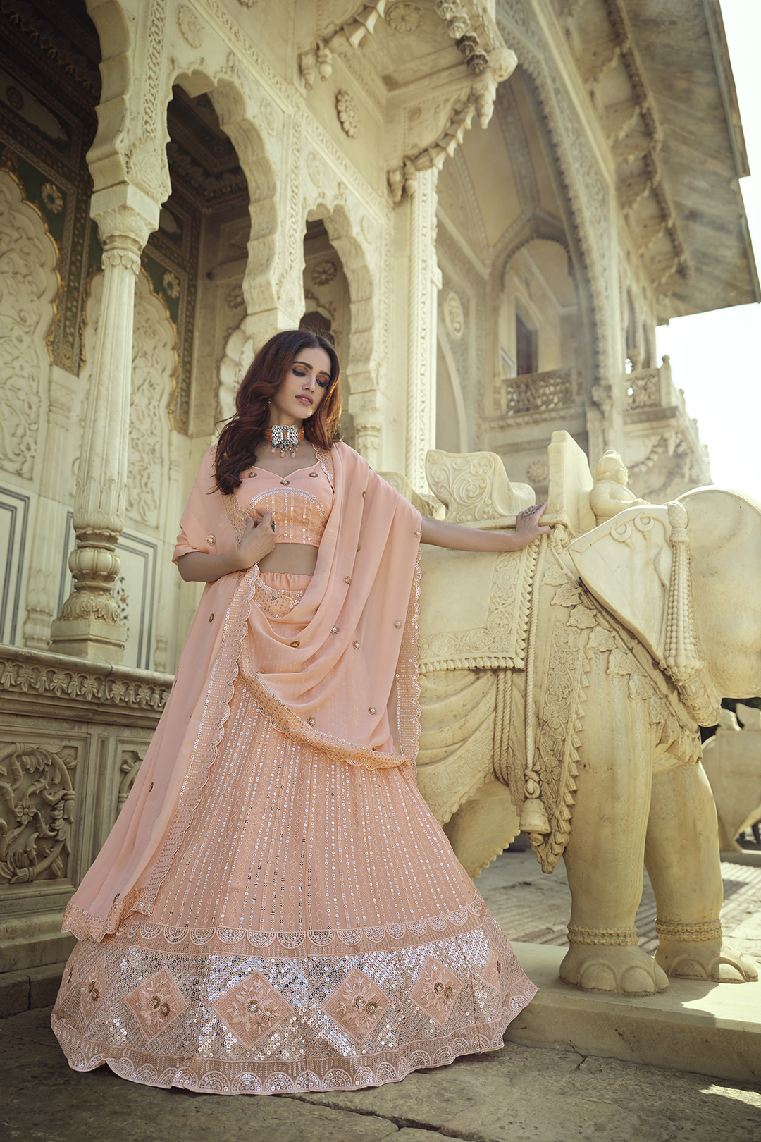 Elegant Peach Georgette Sequins & Thread Work Lehenga Choli Set for Women