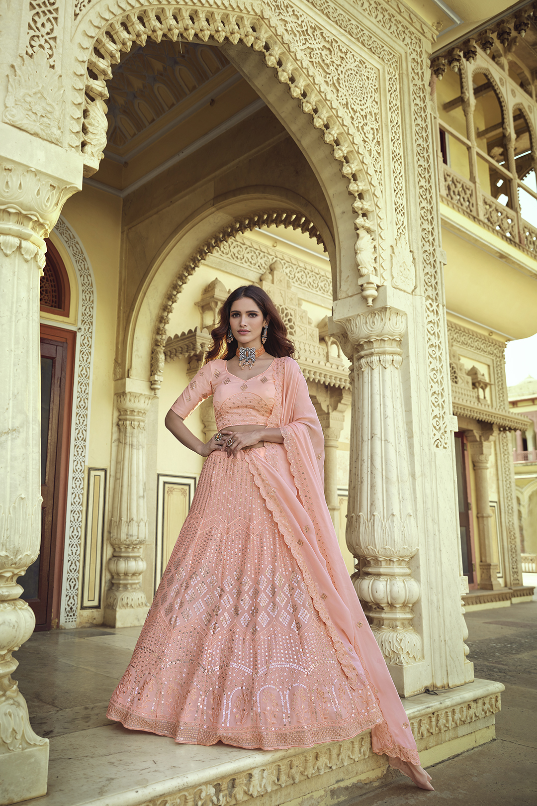Elegant Pink Georgette Sequins & Thread Work Lehenga Choli Set for Women