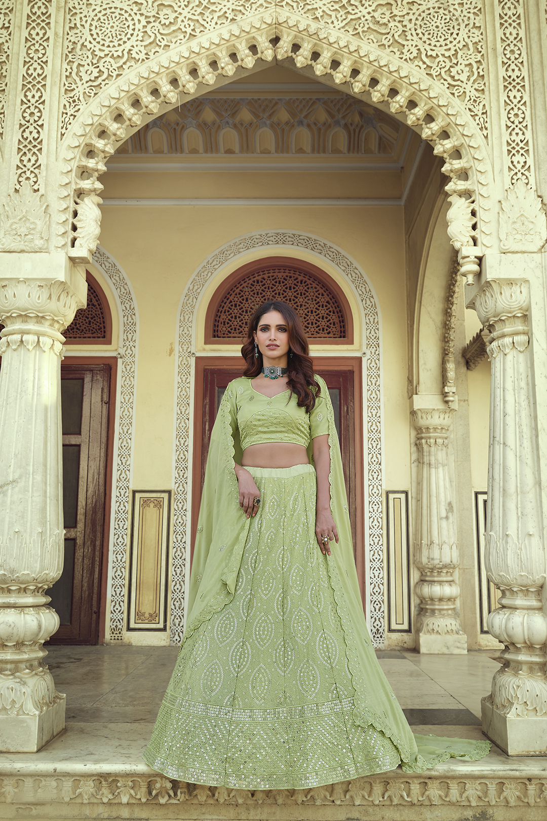 Wedding Wear Green Georgette Sequins & Thread Work Lehenga Choli Set for Women