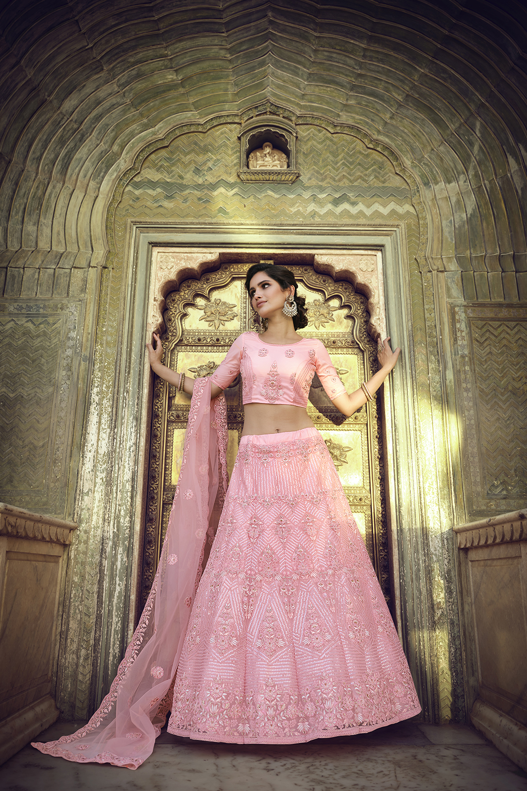 Wedding Wear Peach Soft Net Sequins & Thread Work Lehenga Choli Set for Women