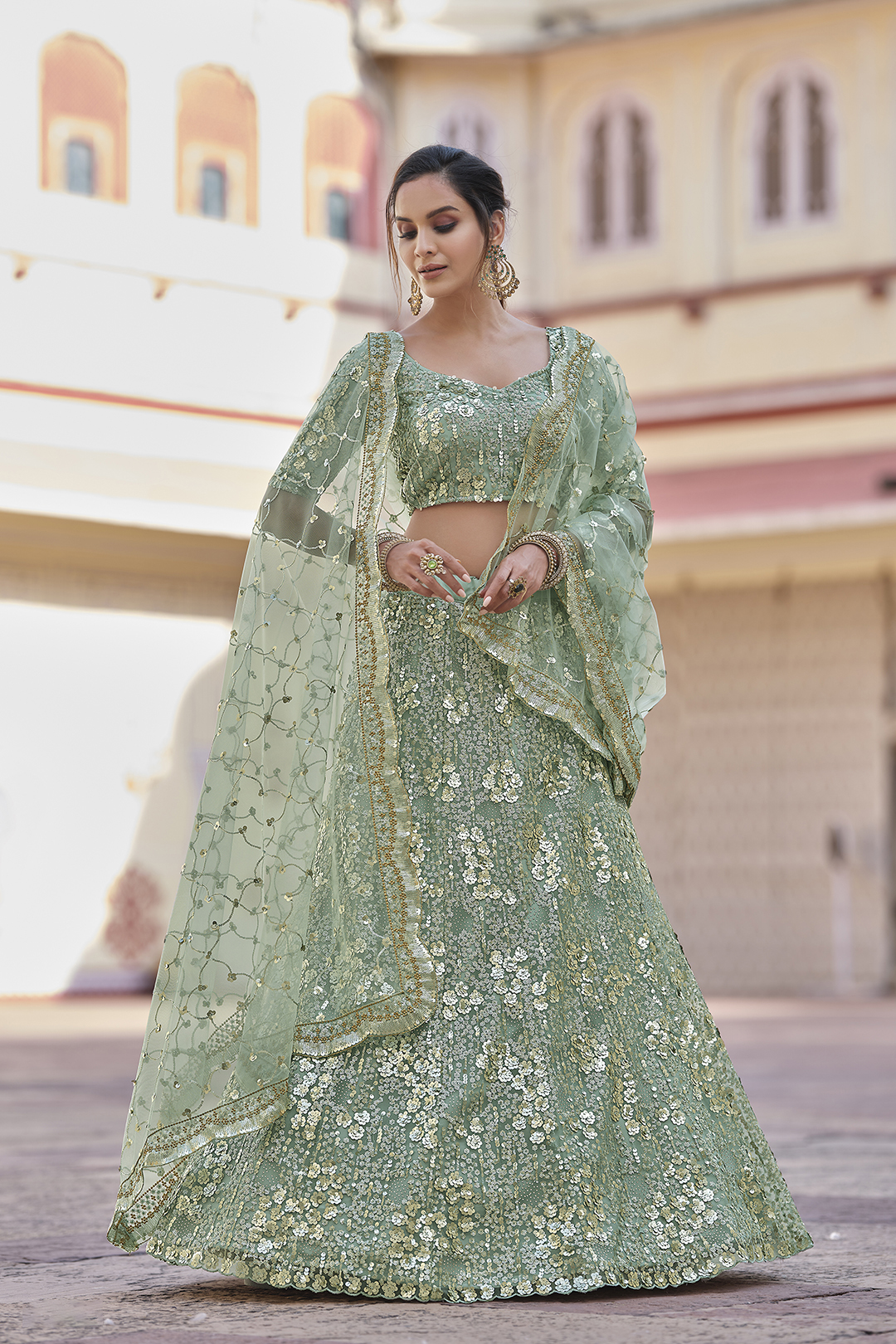Wedding Wear Green Soft Net Sequins & Thread Work Lehenga Choli Set for Women