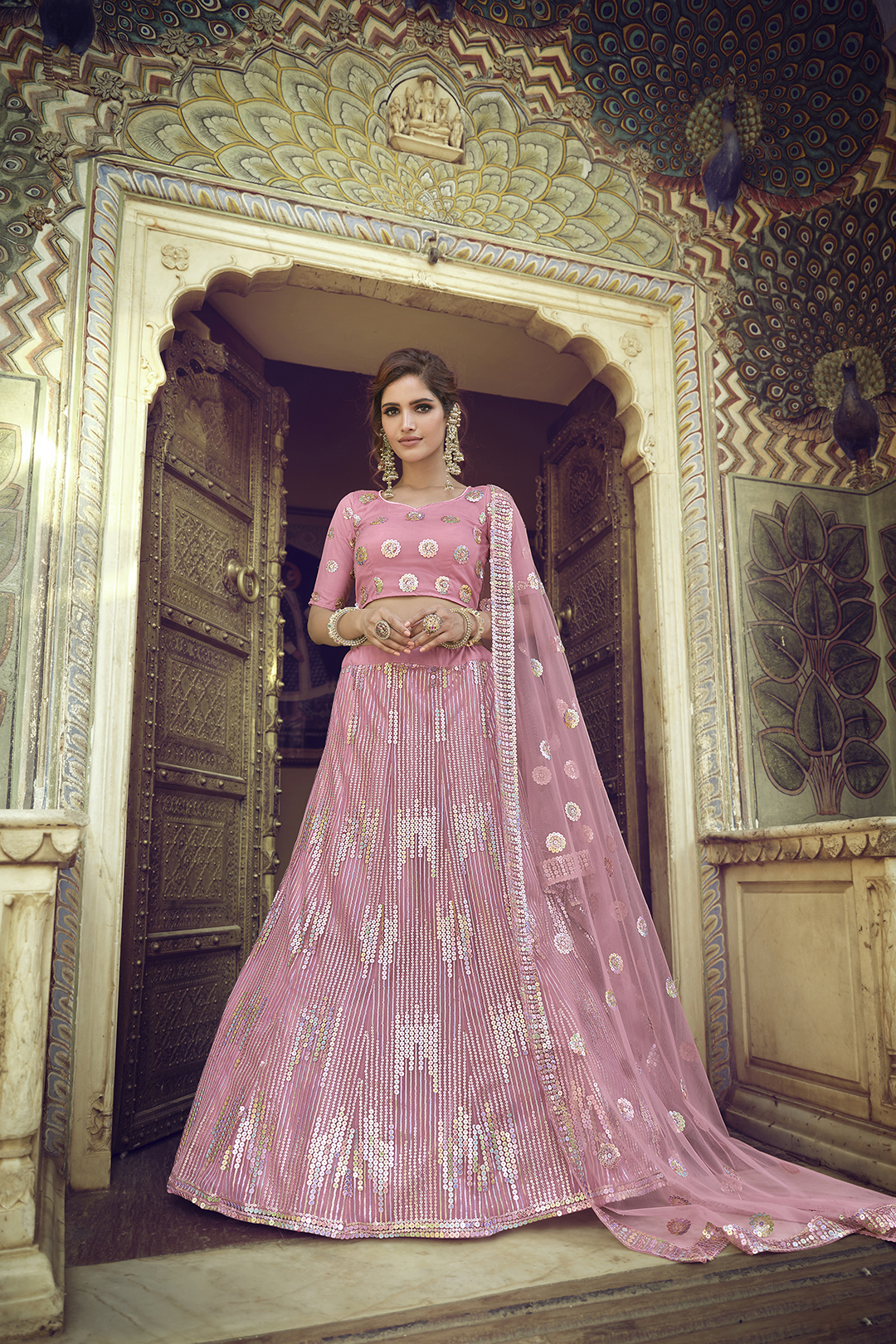 Graceful Pink Soft Net Sequins Work Lehenga Choli Set for Women