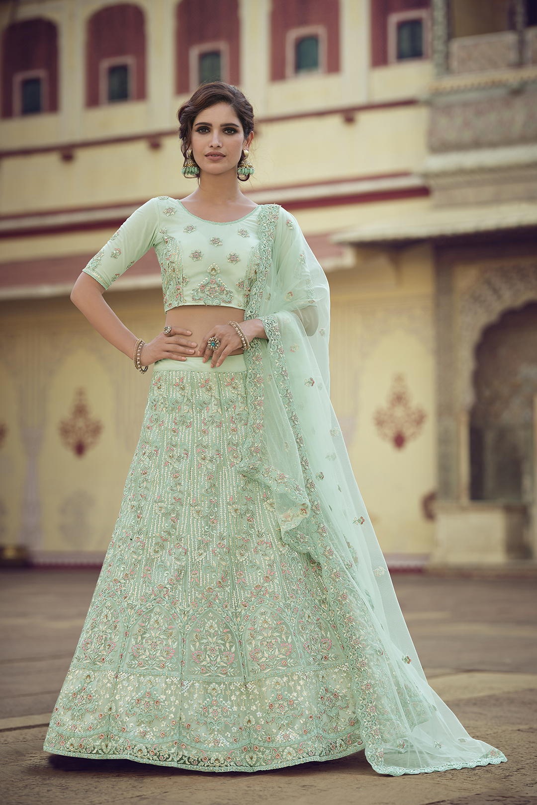 Graceful Green Soft Net Sequins  & Zari Work Lehenga Choli Set for Women