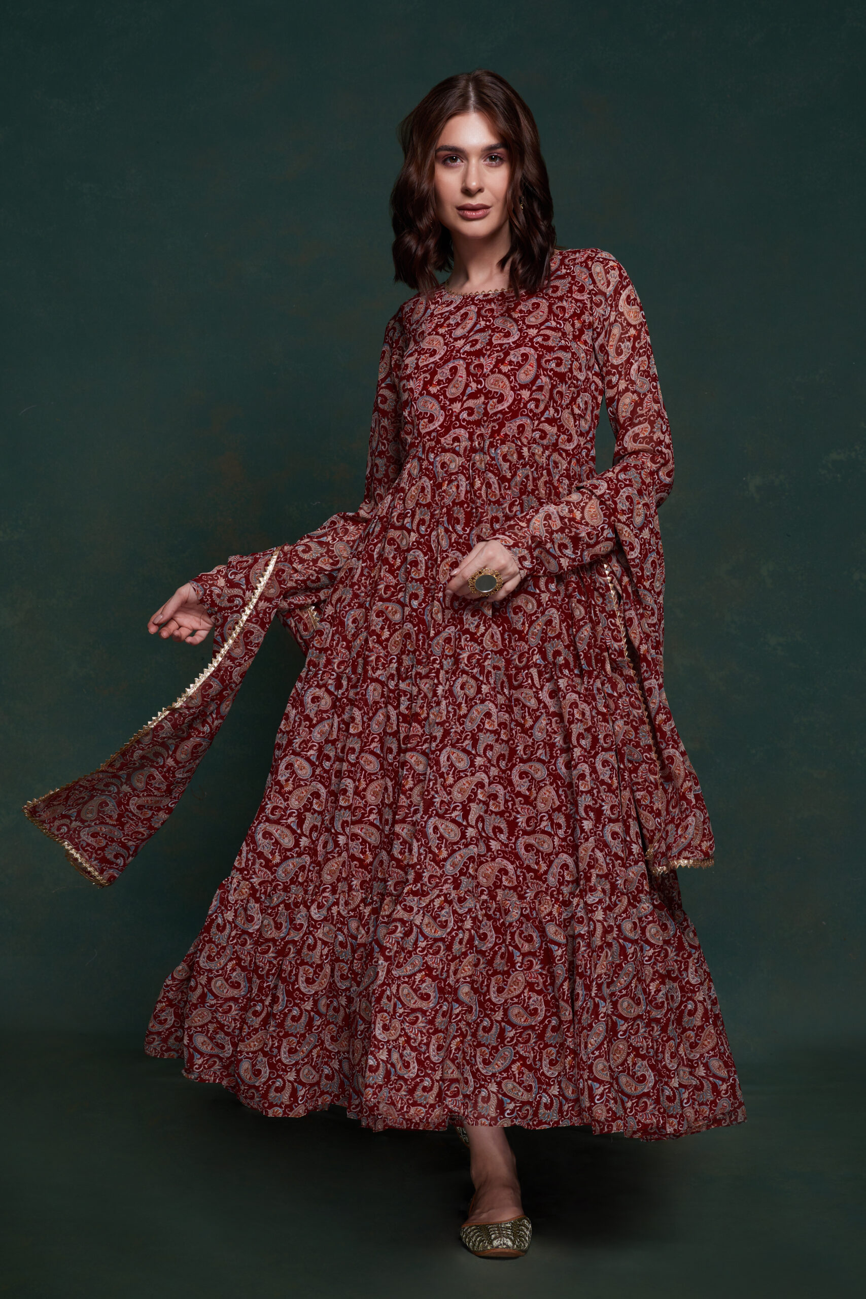 Maroon Printed Gown With Dupatta for Women