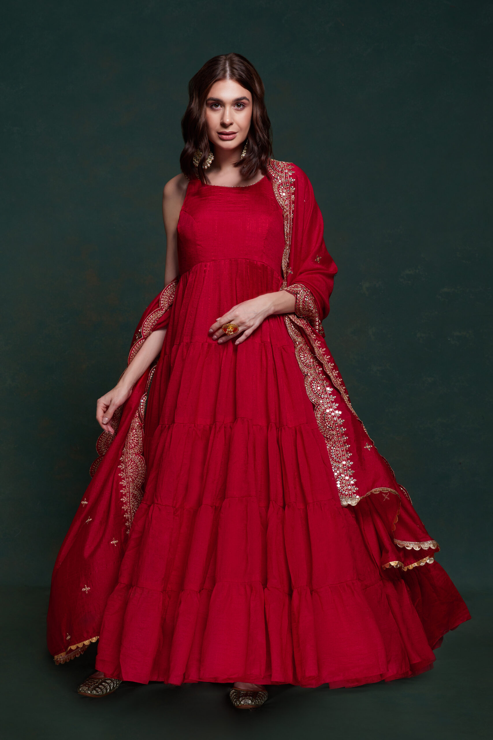 Festive Wear Red Solid Silk Gown With Dupatta for Women