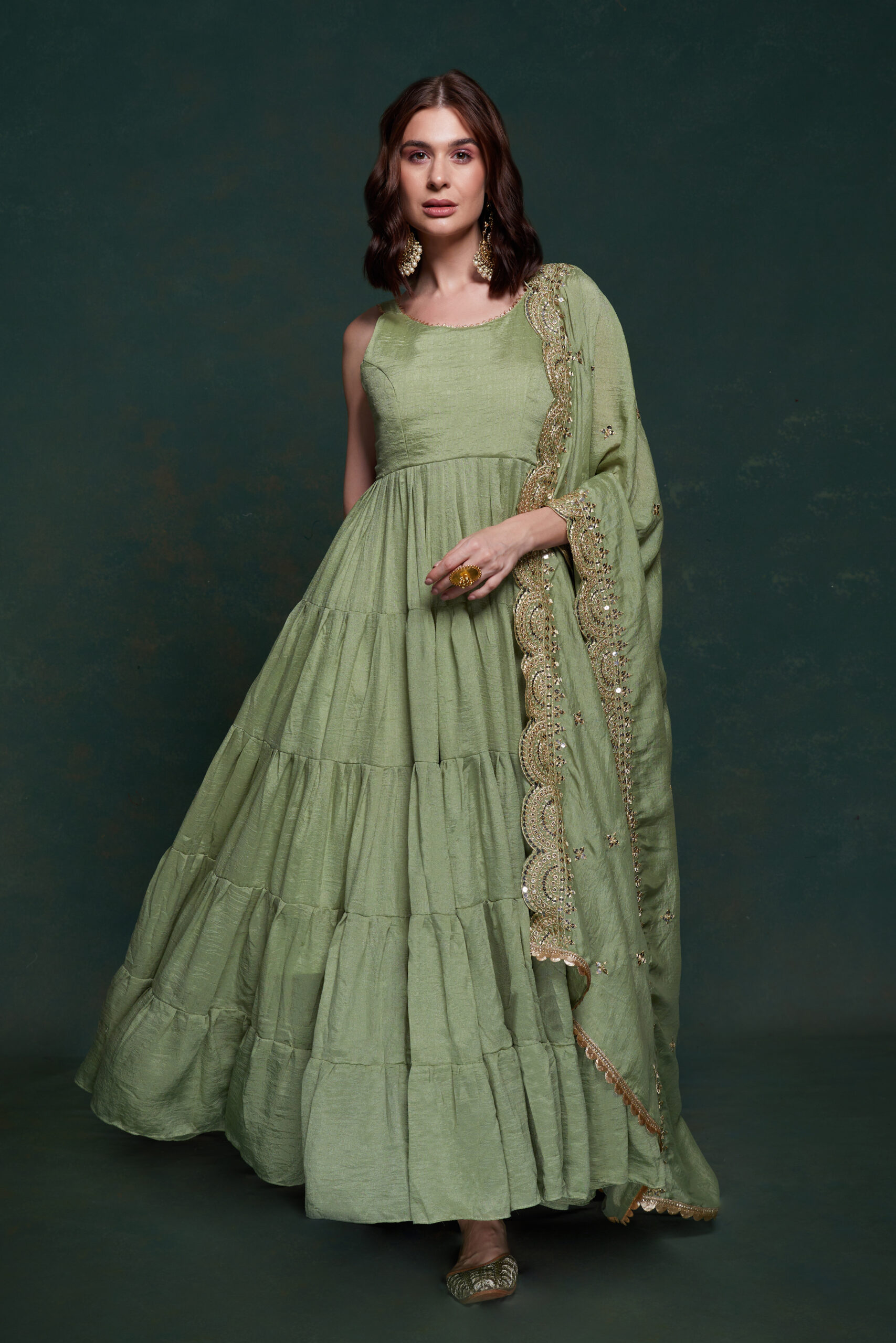 Festive Wear Green Solid Georgette Gown With Dupatta for Women