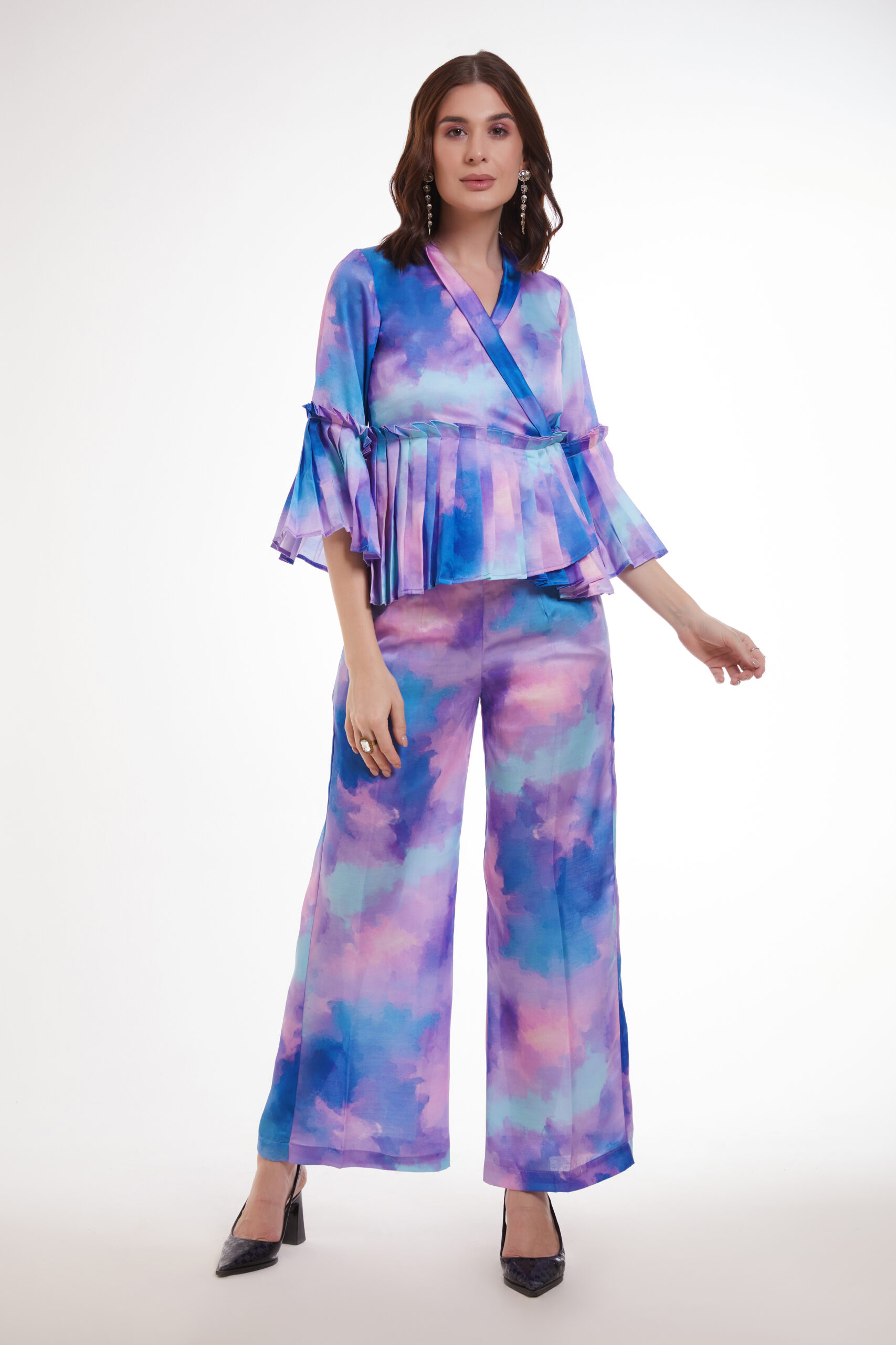 Blue Digital Printed Modal Satin Co Ord Set for Women