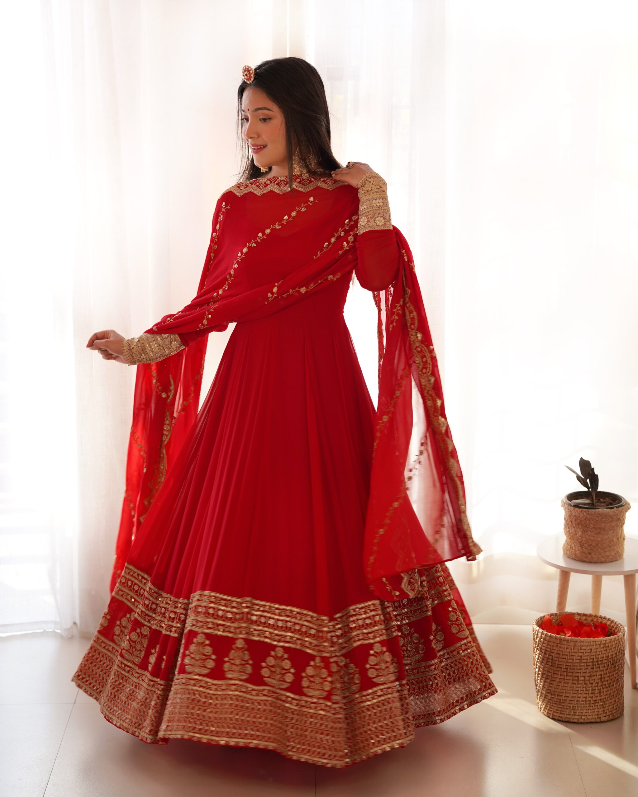 Red Embroidery Georgette Gown With Dupatta for Women