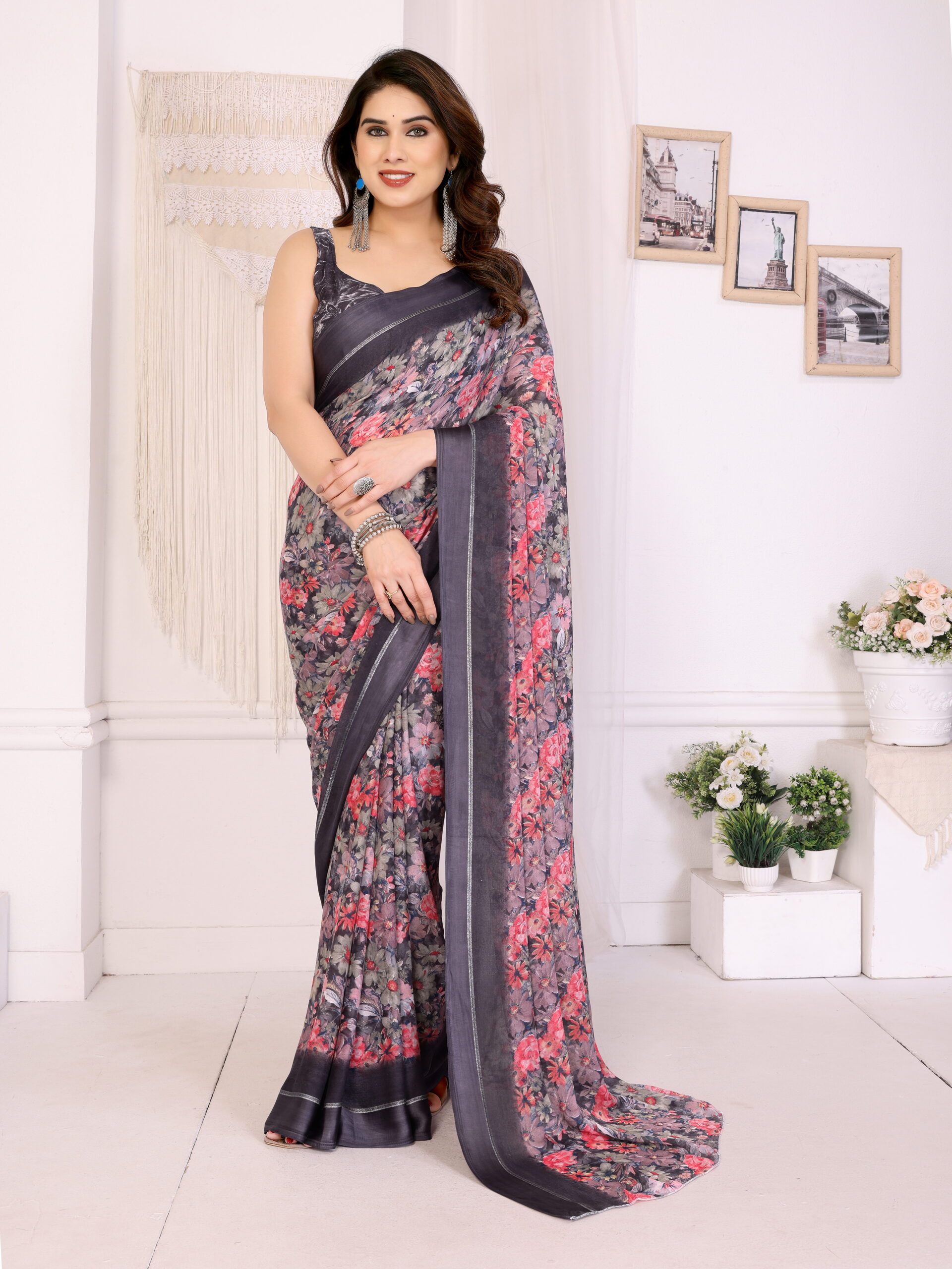 Classic Satin Saree with Vibrant Flower Print and Contrast Border