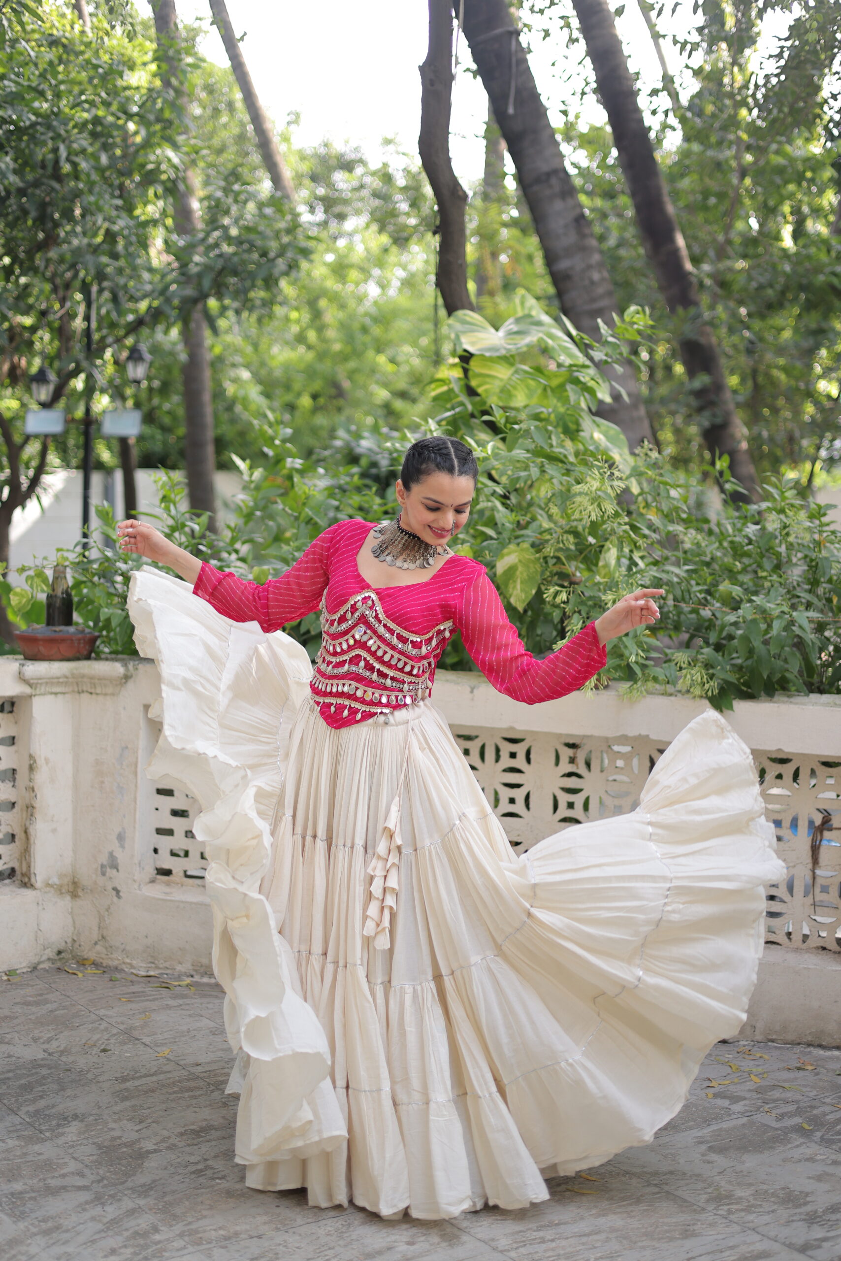 Beautiful Leheriya Lehenga Choli for Navaratri with Chain Attached & Dori Latkan