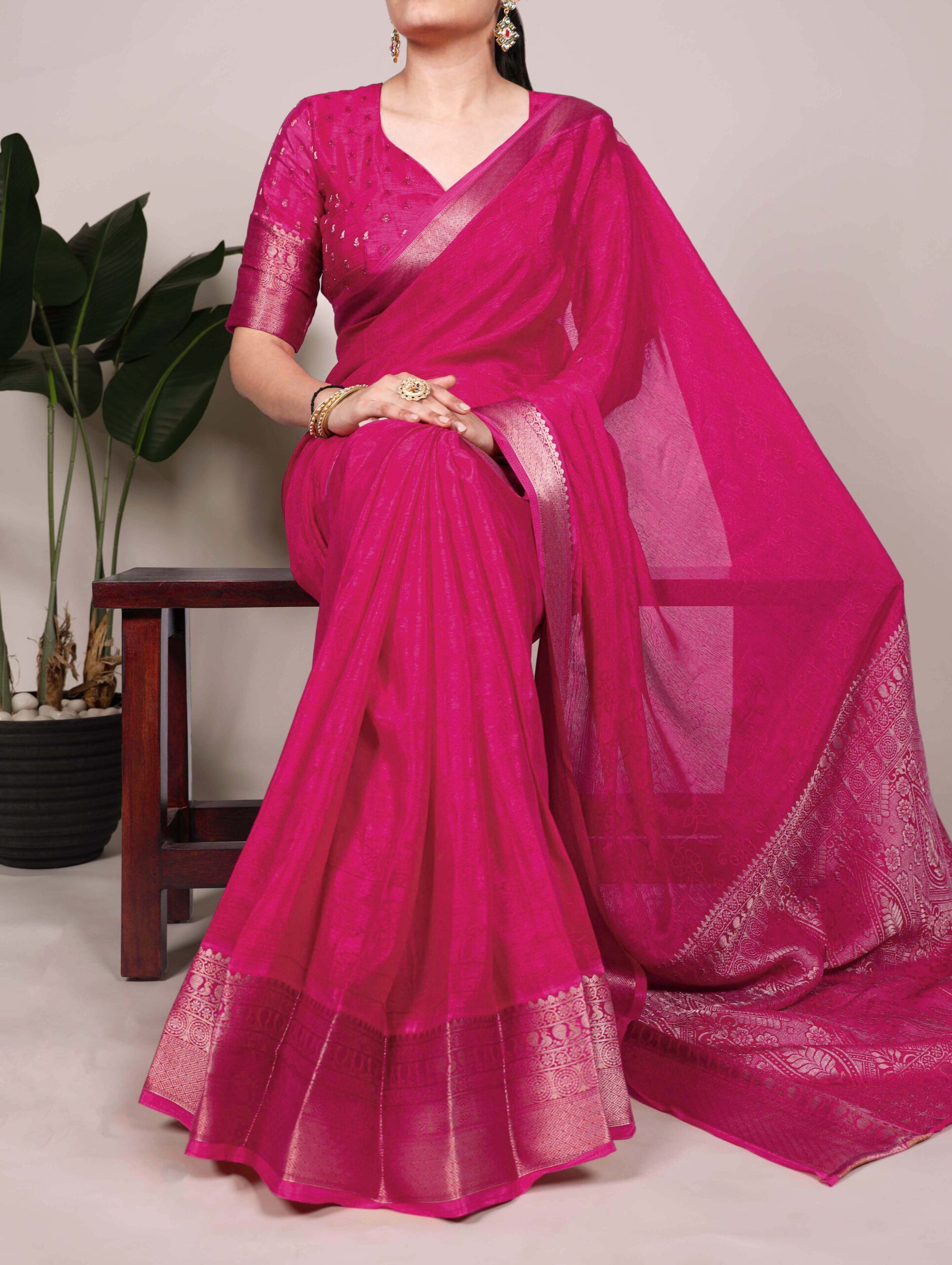 Chinon Saree with Zari Weaving Work for Women – Elegant Party & Festive Wear