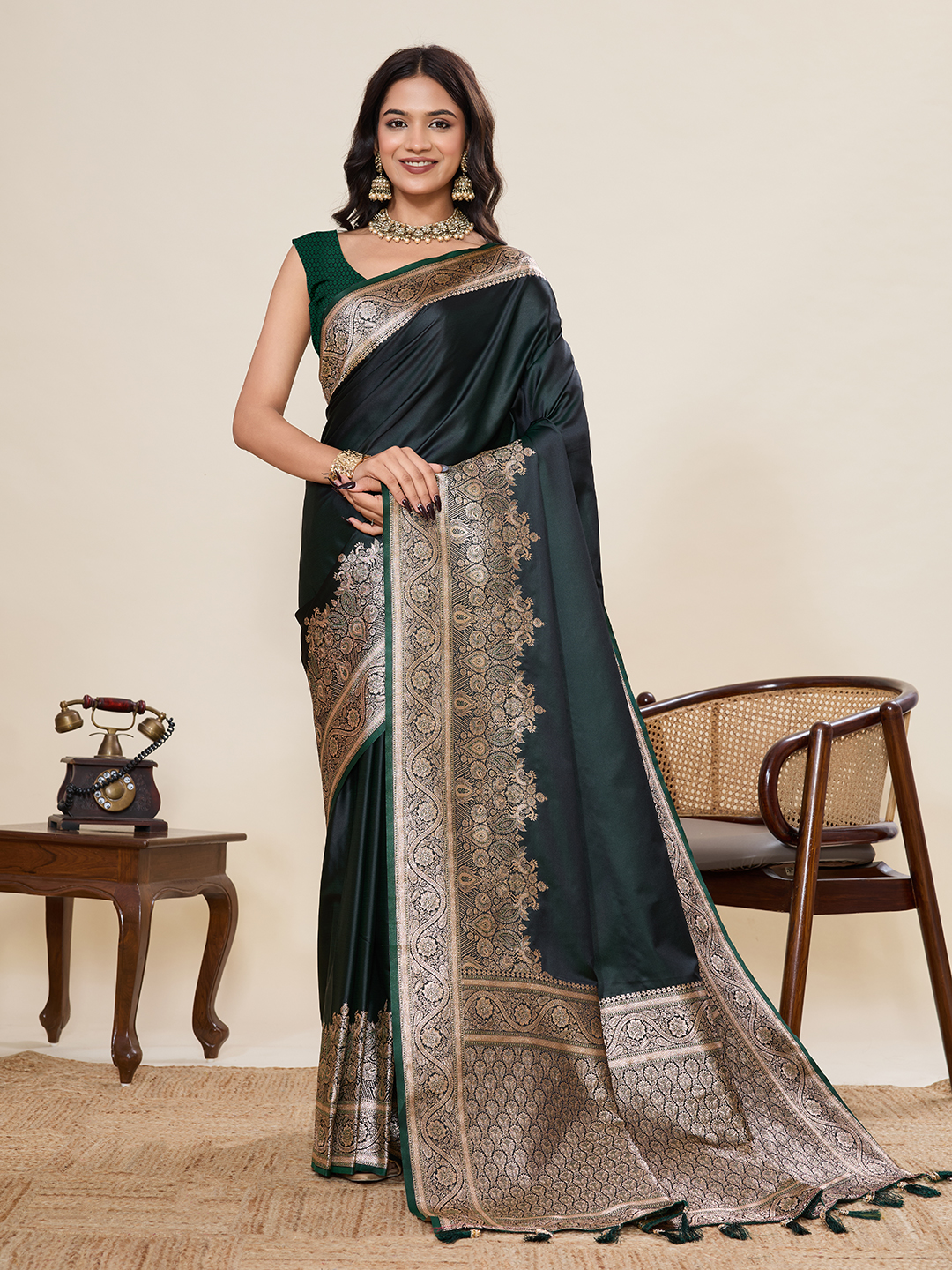 All Over Woven and Zari Work Satin Silk Classic Saree for Women