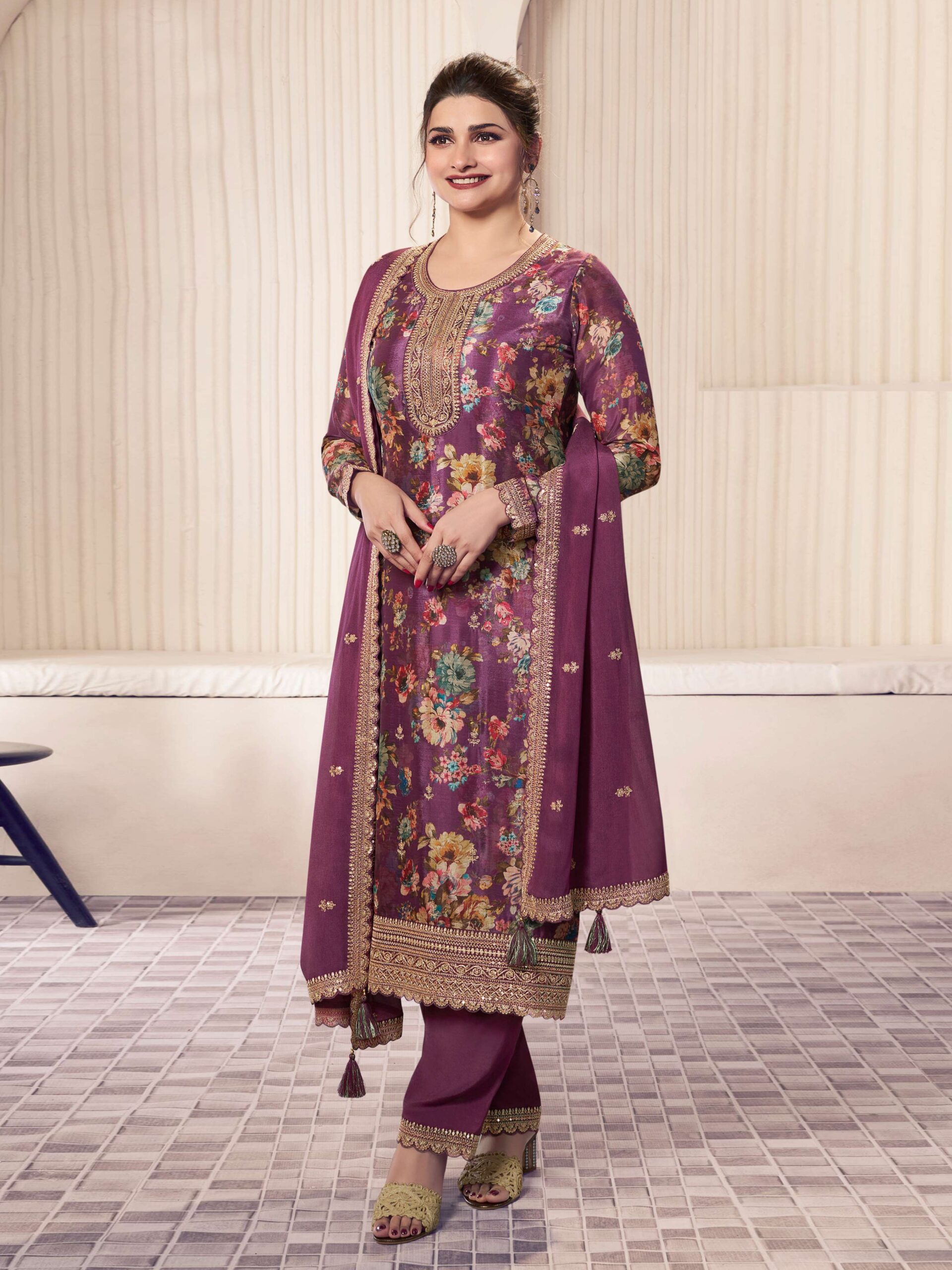 Embroidered Chinon Semi-Stitched Pakistani Salwar Suit for Women