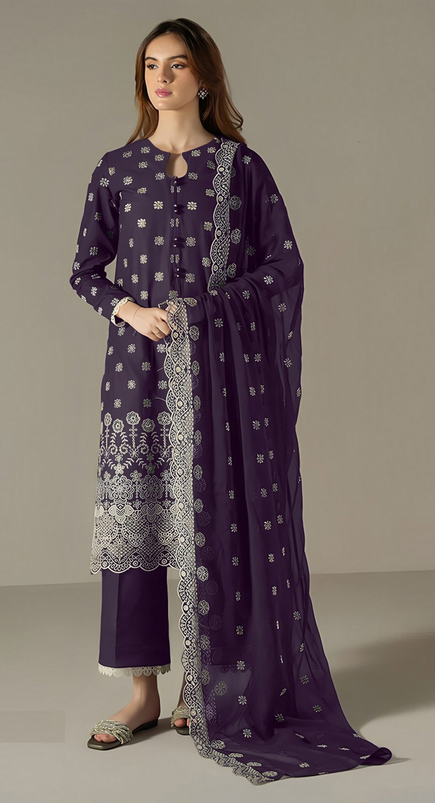 Stunning Embroidered Faux Georgette Semi-Stitched Pakistani Salwar Suit