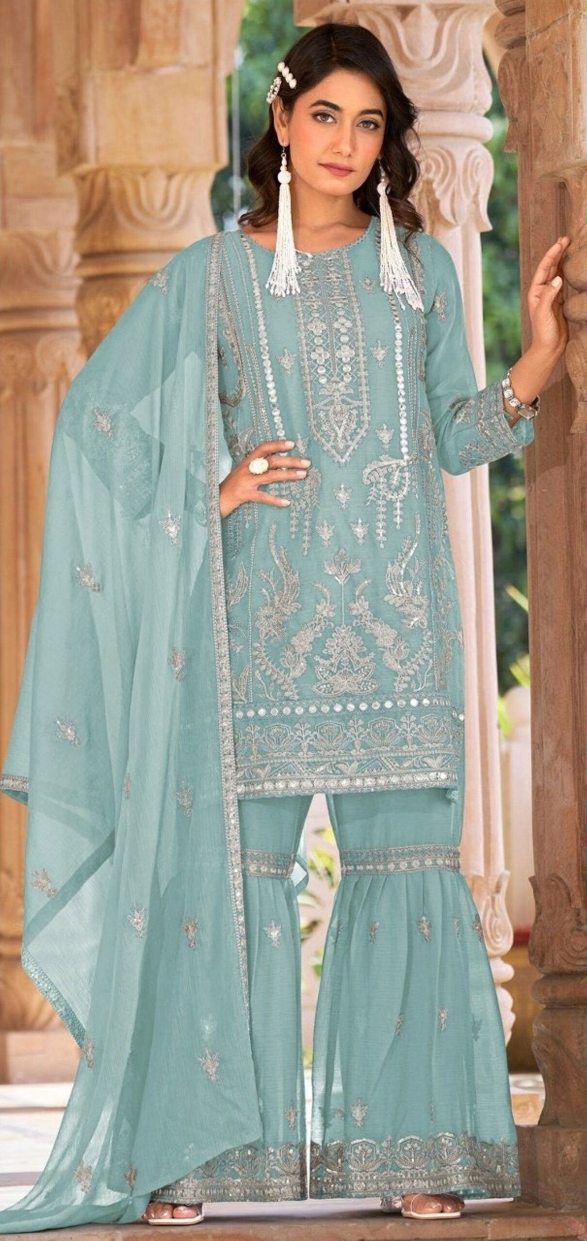 Beautiful Embroidered Organza Semi-Stitched Palazzo Style Salwar Suit for Women