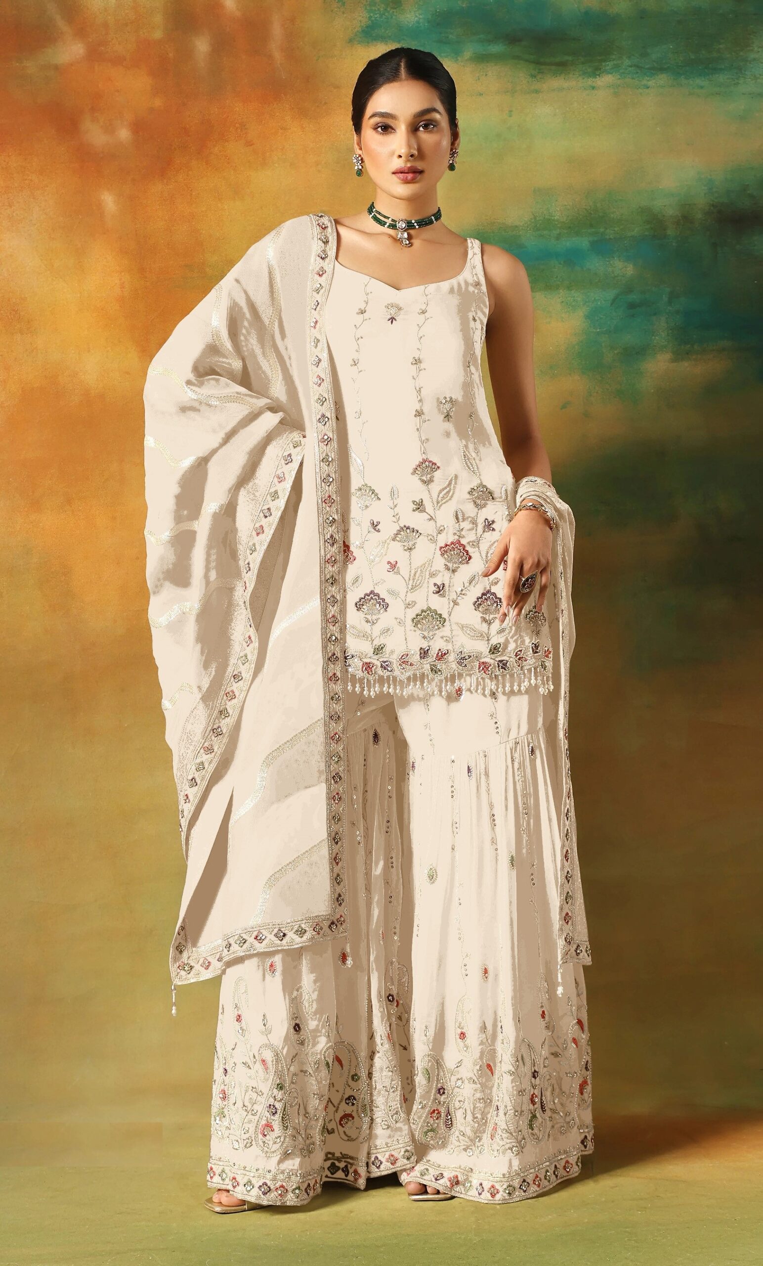 Beautiful Embroidered Georgette Semi-Stitched Palazzo Style Salwar Suit