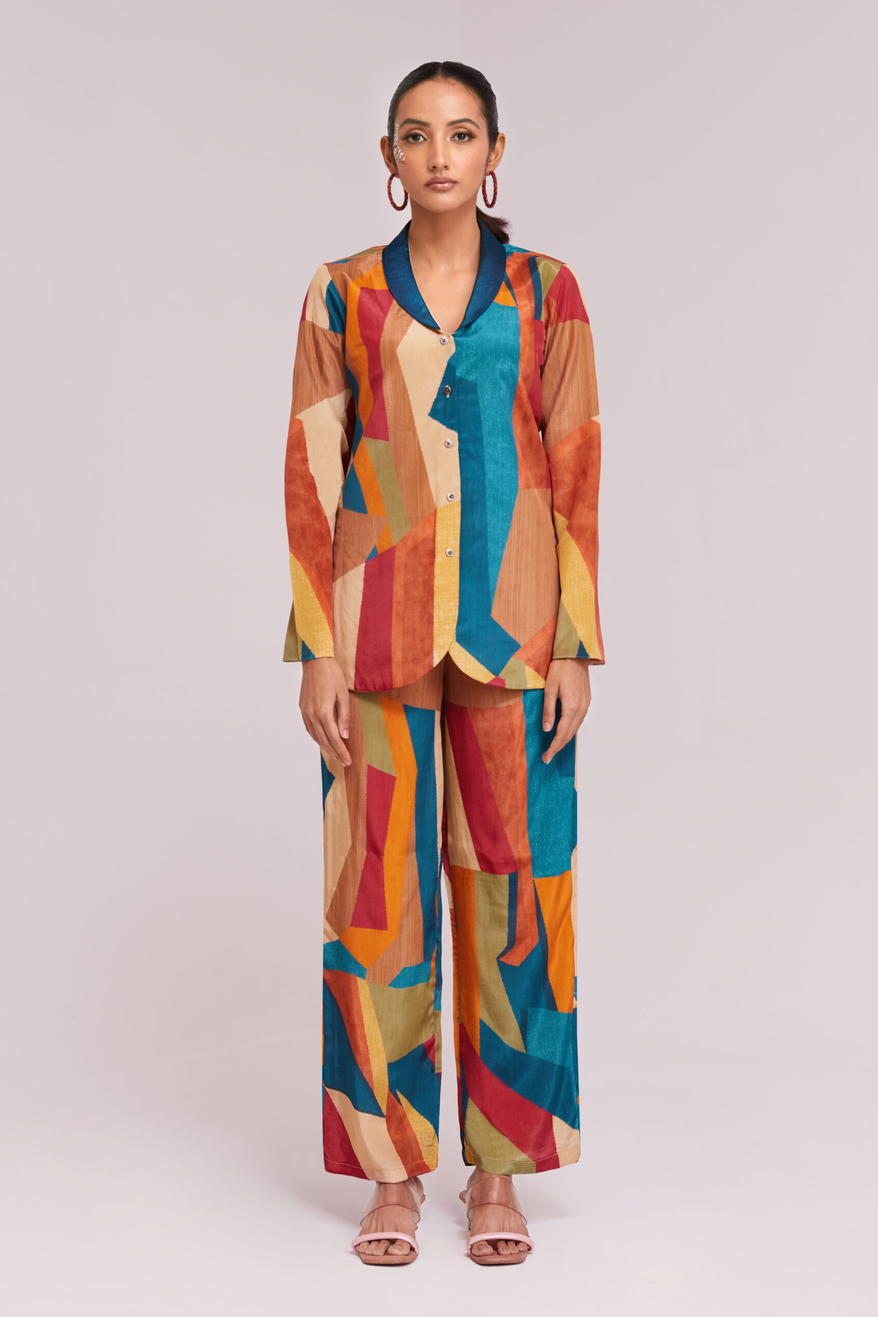 Multicolor Printed Crepe Blazer & Pant Set Ready To Wear Co-Ord