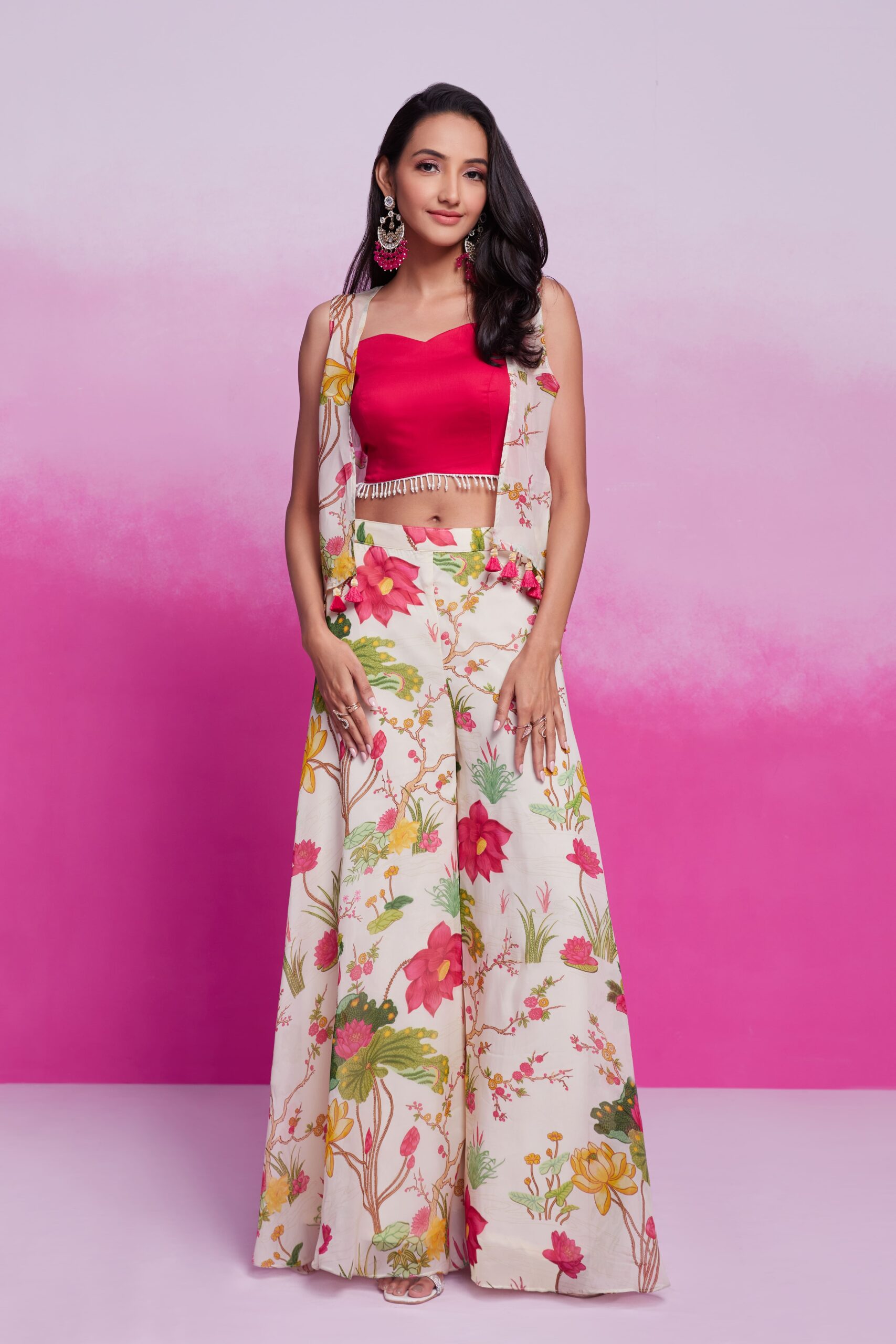 Off White Cotton Silk Digital Print Indowestern Palazzo Set