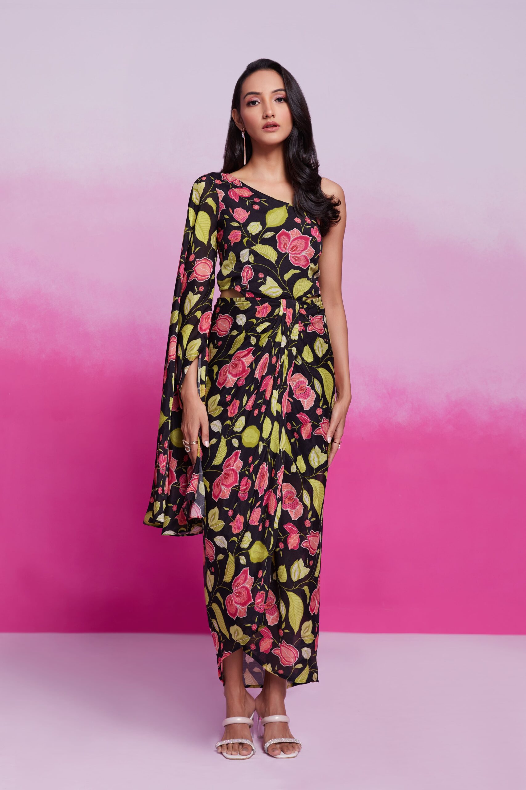 Black Printed Chinon Silk One Shoulder Dress for Women