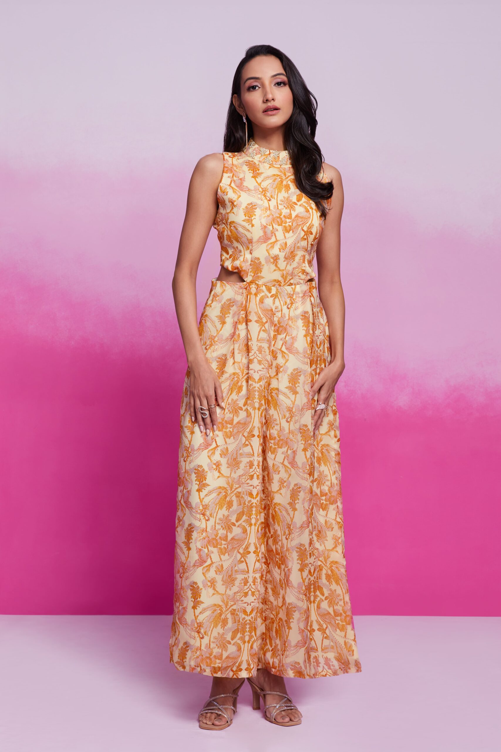 Digital Printed Organza Jumpsuit in Light Beige for Women