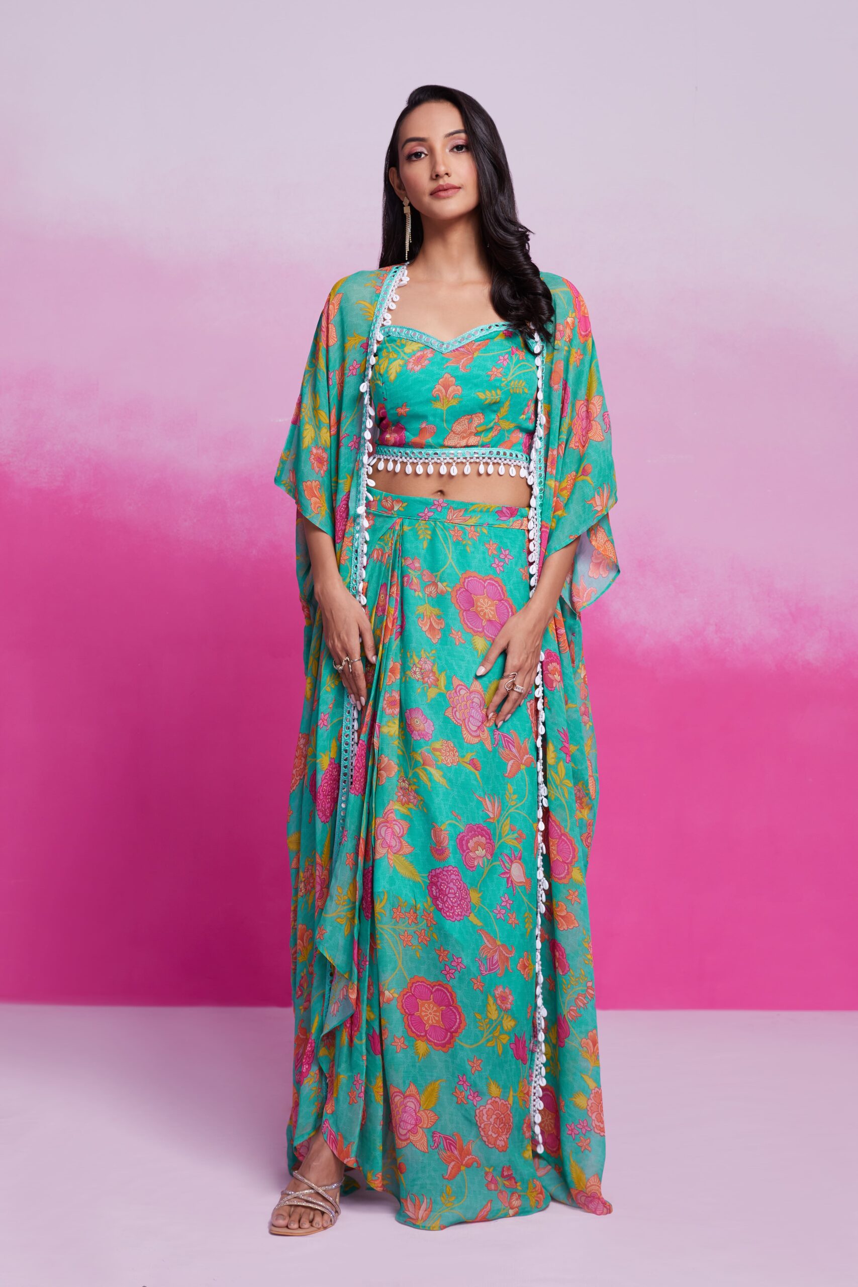 Turquoise Georgette Printed & Embroidered Three-Piece Set for Women