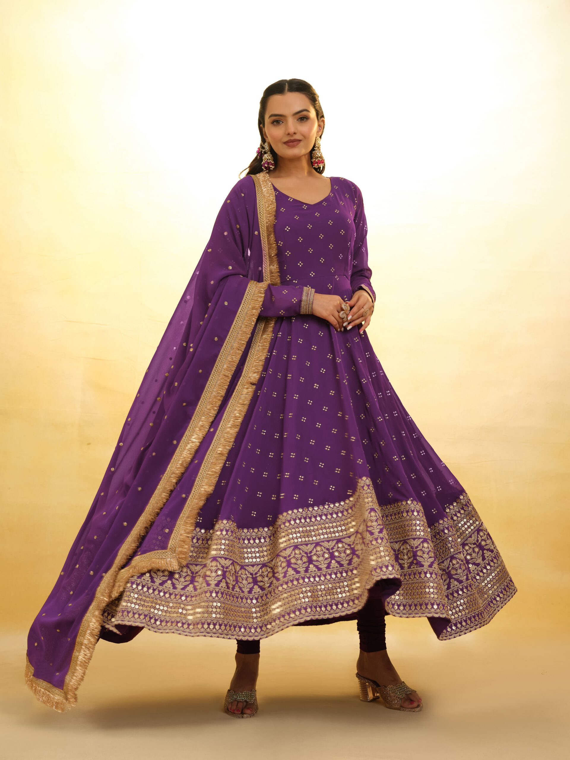 Purple Embroidery Work Georgette Gown With Dupatta