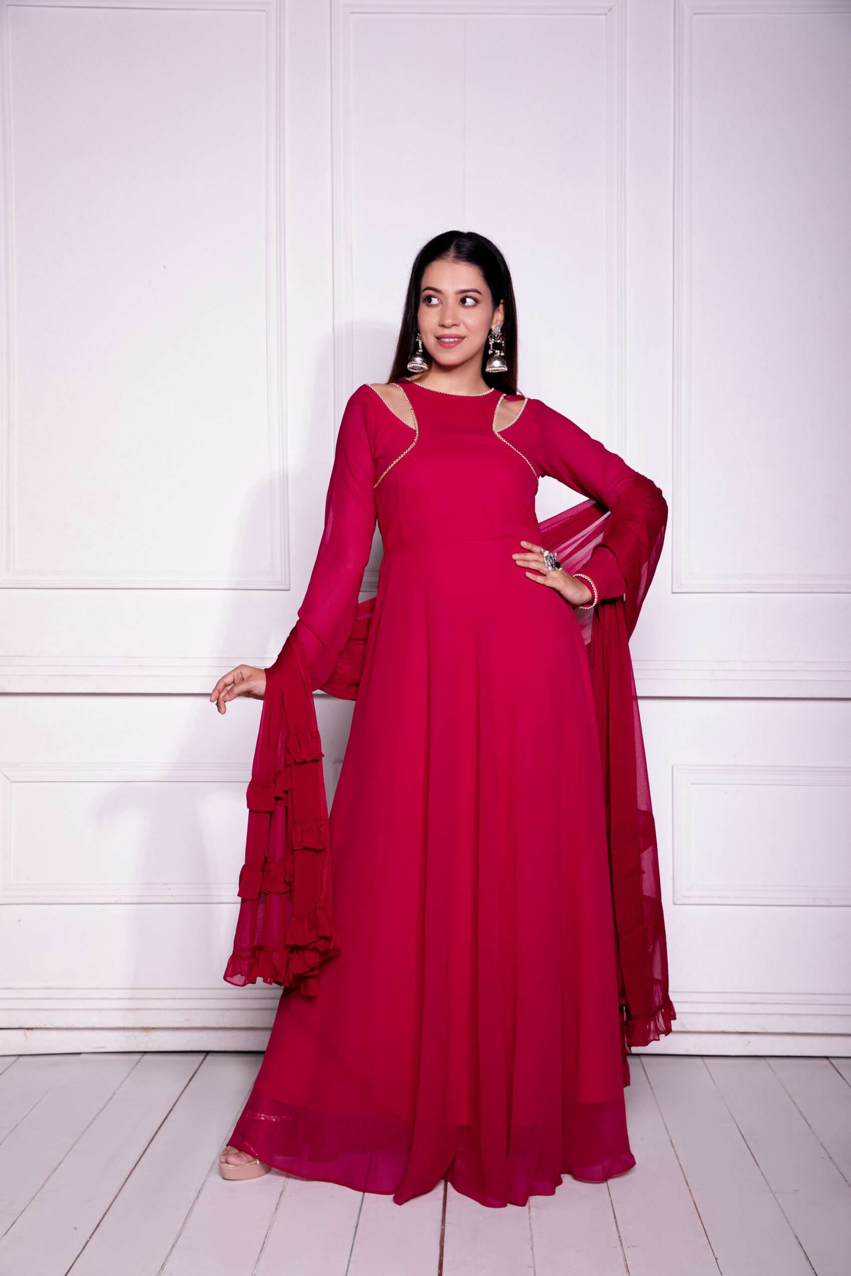 Elegant Red Georgette Gown With Dupatta for Women - Festive & Party Wear