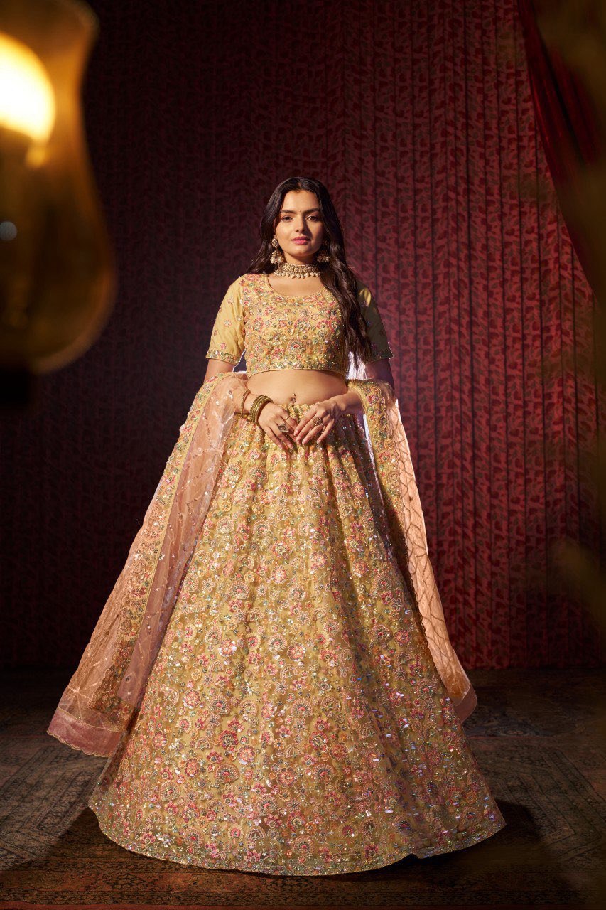 Beautiful Beige Embroidered Georgette Lehenga Choli With Dupatta