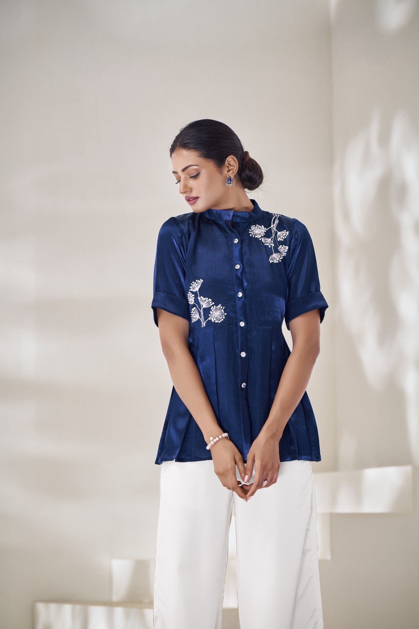 Navy Blue Pure Gaji Silk Ready to Wear Top with Embroidered for Women