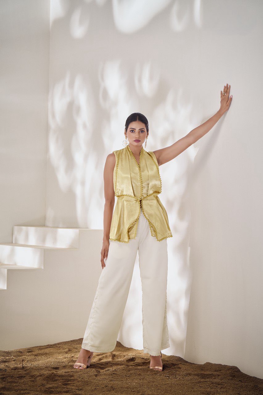 Beige Pure Gaji Silk Ready to Wear Top with Embroidered for Women